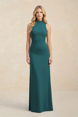 High Neck Sheath Chiffon Bridesmaid Dress With Slit in Pine - KISS BRIDAL Bridesmaid Dresses