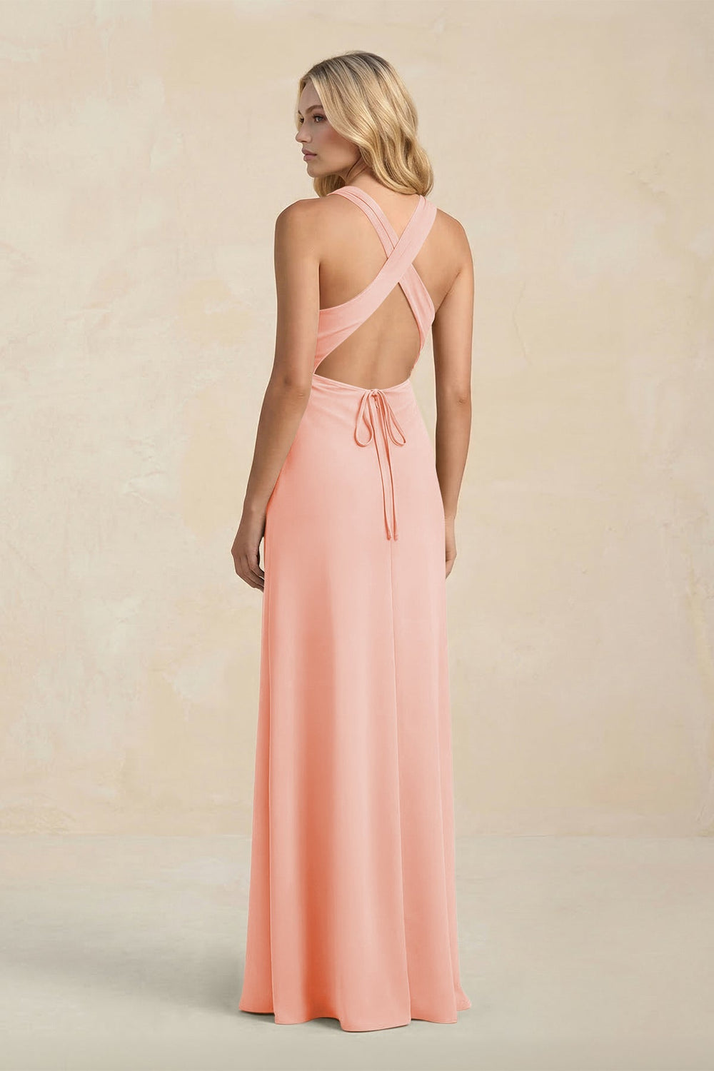 High Neck Sheath Chiffon Bridesmaid Dress With Slit in Rose Petal - KISS BRIDAL Bridesmaid Dresses
