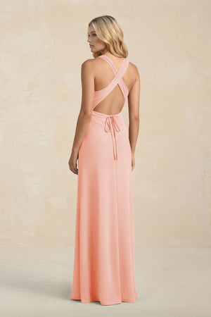 High Neck Sheath Chiffon Bridesmaid Dress With Slit in Rose Petal - SHE IS ME Bridesmaid Dresses