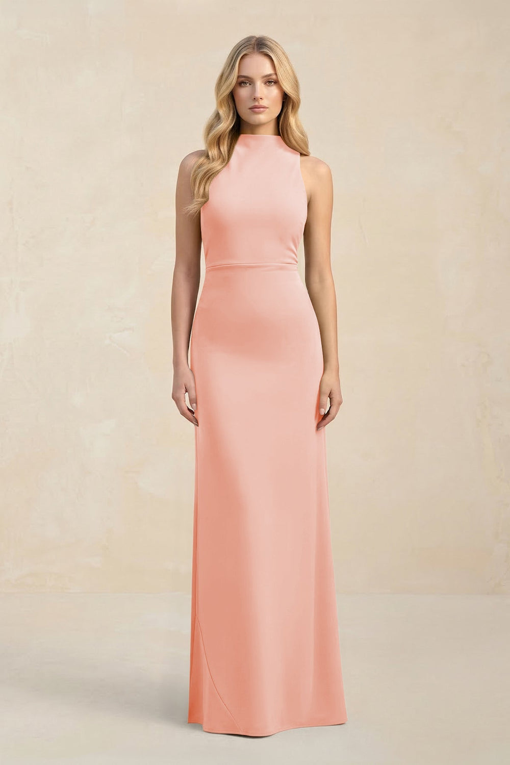High Neck Sheath Chiffon Bridesmaid Dress With Slit in Rose Petal - KISS BRIDAL Bridesmaid Dresses
