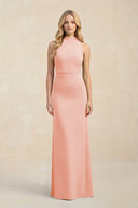 High Neck Sheath Chiffon Bridesmaid Dress With Slit in Rose Petal - SHE IS ME Bridesmaid Dresses