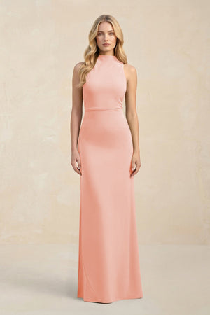 High Neck Sheath Chiffon Bridesmaid Dress With Slit in Rose Petal - SHE IS ME Bridesmaid Dresses