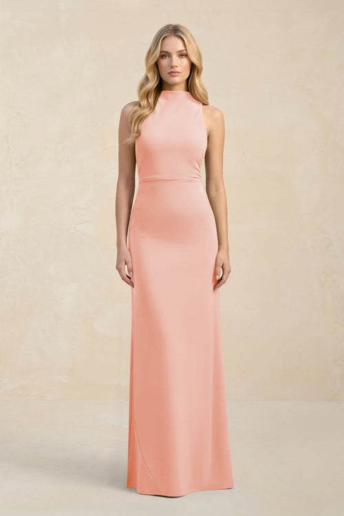 High Neck Sheath Chiffon Bridesmaid Dress With Slit in Rose Petal - SHE IS ME Bridesmaid Dresses