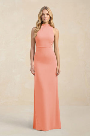 High Neck Sheath Chiffon Bridesmaid Dress With Slit in Rosette - SHE IS ME Bridesmaid Dresses
