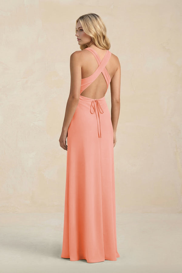High Neck Sheath Chiffon Bridesmaid Dress With Slit in Rosette - SHE IS ME Bridesmaid Dresses