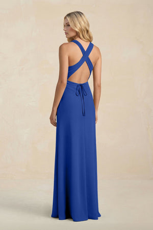 High Neck Sheath Chiffon Bridesmaid Dress With Slit in Royal Blue - SHE IS ME Bridesmaid Dresses