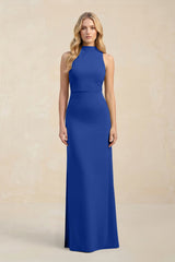 High Neck Sheath Chiffon Bridesmaid Dress With Slit in Royal Blue - KISS BRIDAL Bridesmaid Dresses