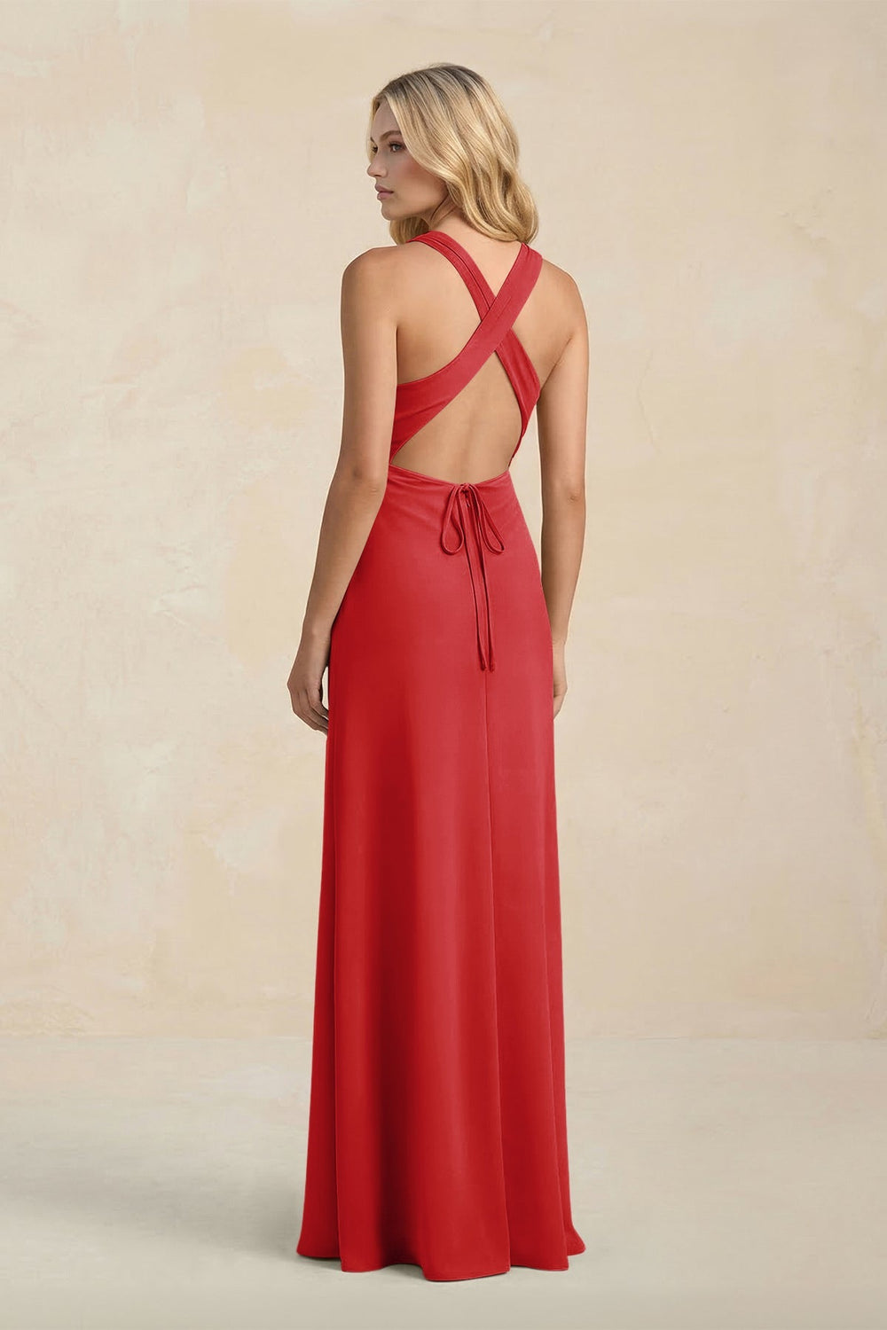 High Neck Sheath Chiffon Bridesmaid Dress With Slit in Ruby Red - KISS BRIDAL Bridesmaid Dresses