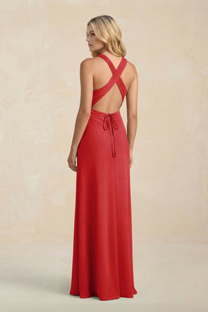 High Neck Sheath Chiffon Bridesmaid Dress With Slit in Ruby Red - SHE IS ME Bridesmaid Dresses