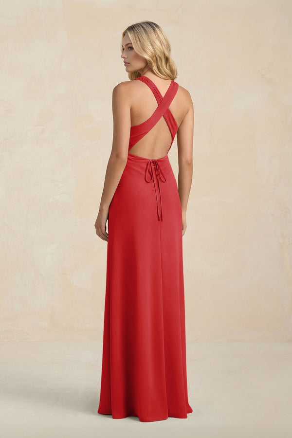 High Neck Sheath Chiffon Bridesmaid Dress With Slit in Ruby Red - SHE IS ME Bridesmaid Dresses
