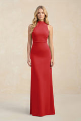 High Neck Sheath Chiffon Bridesmaid Dress With Slit in Ruby Red - KISS BRIDAL Bridesmaid Dresses