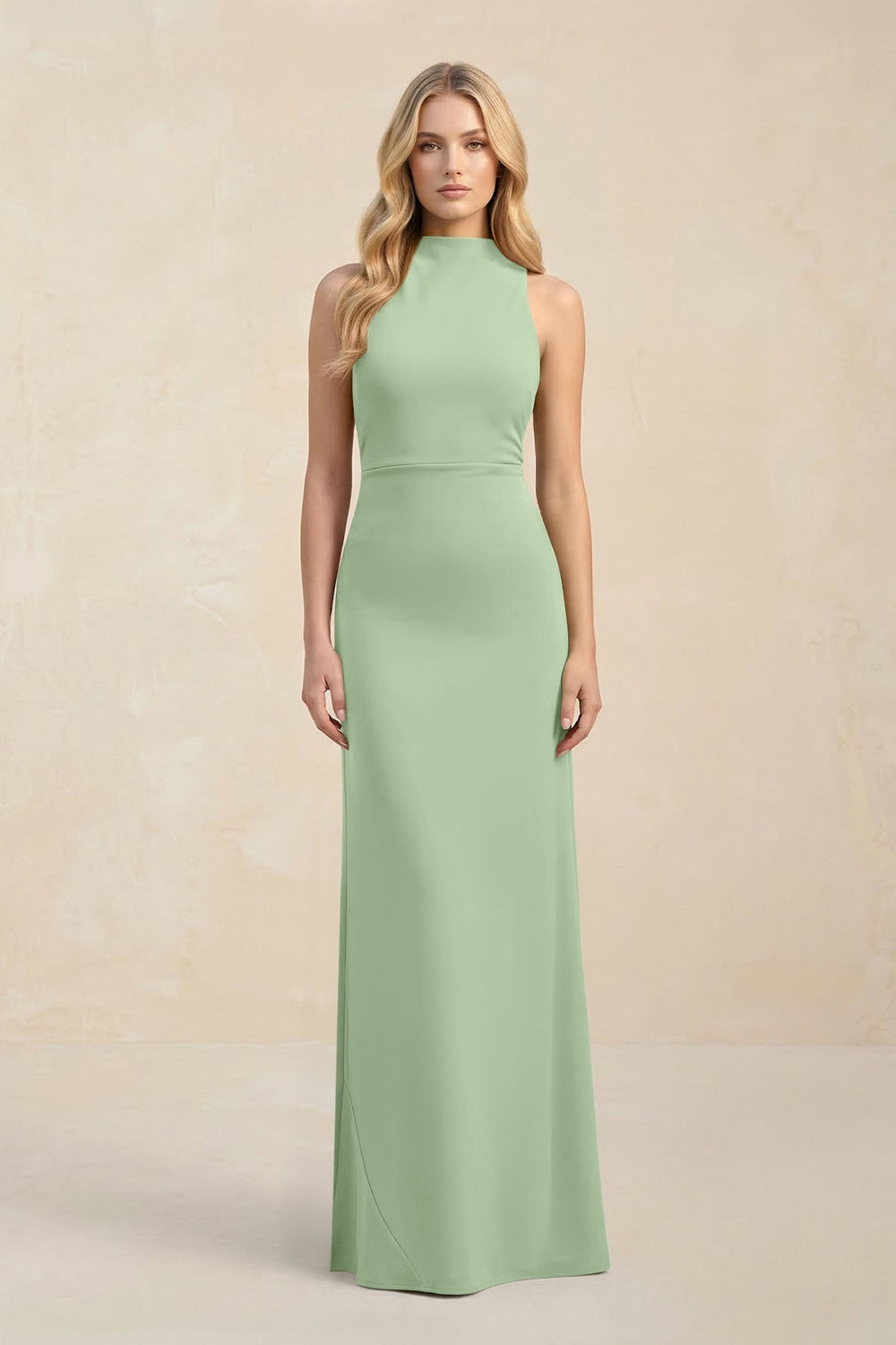 High Neck Sheath Chiffon Bridesmaid Dress With Slit in Sage - KISS BRIDAL Bridesmaid Dresses