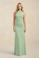 High Neck Sheath Chiffon Bridesmaid Dress With Slit in Sage - SHE IS ME Bridesmaid Dresses