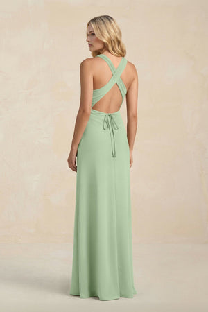 High Neck Sheath Chiffon Bridesmaid Dress With Slit in Sage - SHE IS ME Bridesmaid Dresses