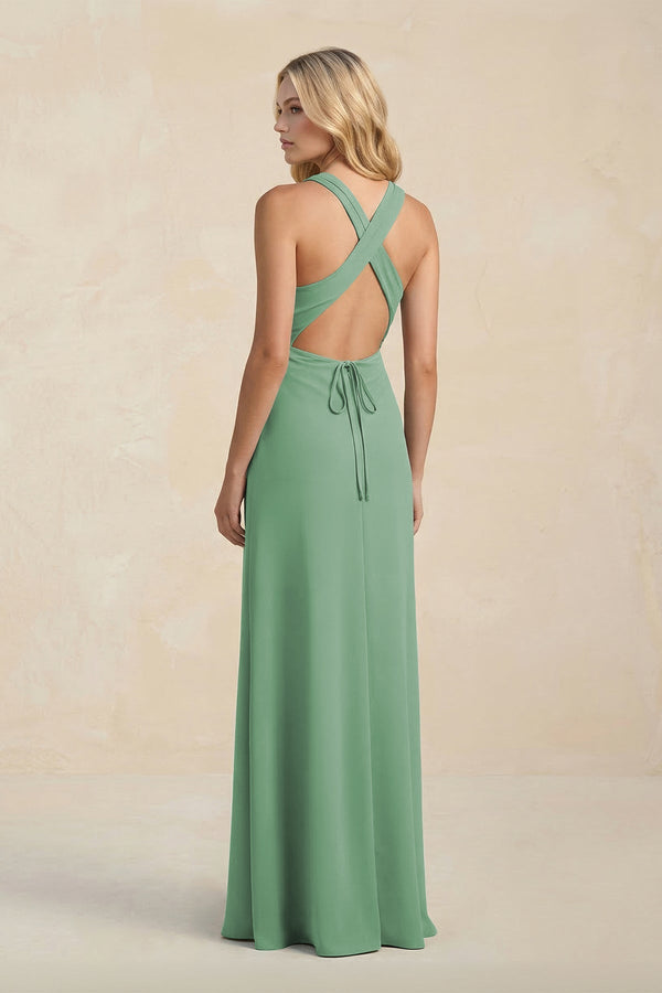 High Neck Sheath Chiffon Bridesmaid Dress With Slit in Sea Glass - KISS BRIDAL Bridesmaid Dresses