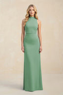 High Neck Sheath Chiffon Bridesmaid Dress With Slit in Sea Glass - KISS BRIDAL Bridesmaid Dresses