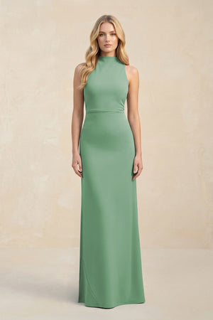High Neck Sheath Chiffon Bridesmaid Dress With Slit in Sea Glass - KISS BRIDAL Bridesmaid Dresses