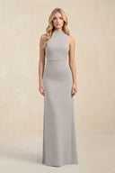 High Neck Sheath Chiffon Bridesmaid Dress With Slit in Silver - SHE IS ME Bridesmaid Dresses