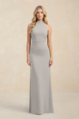 High Neck Sheath Chiffon Bridesmaid Dress With Slit in Silver - KISS BRIDAL Bridesmaid Dresses