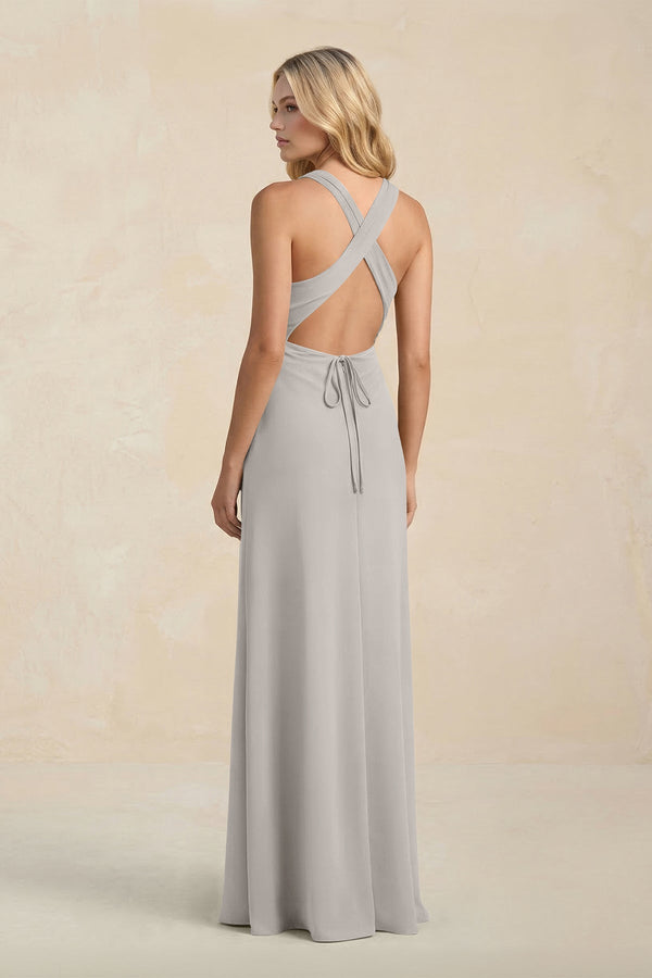 High Neck Sheath Chiffon Bridesmaid Dress With Slit in Silver - SHE IS ME Bridesmaid Dresses