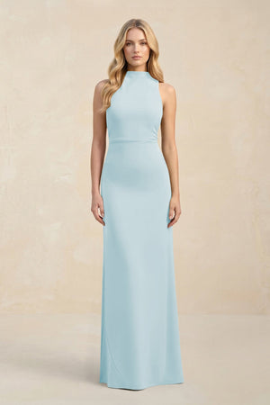 High Neck Sheath Chiffon Bridesmaid Dress With Slit in Sky Blue - SHE IS ME Bridesmaid Dresses