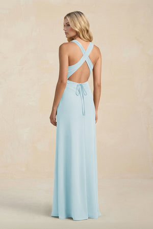 High Neck Sheath Chiffon Bridesmaid Dress With Slit in Sky Blue - SHE IS ME Bridesmaid Dresses