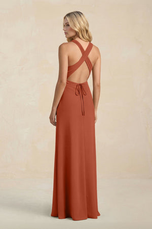 High Neck Sheath Chiffon Bridesmaid Dress With Slit in Spice - SHE IS ME Bridesmaid Dresses