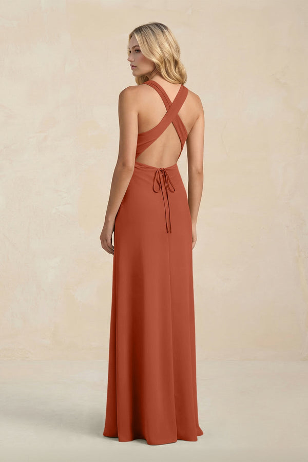 High Neck Sheath Chiffon Bridesmaid Dress With Slit in Spice - SHE IS ME Bridesmaid Dresses