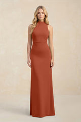 High Neck Sheath Chiffon Bridesmaid Dress With Slit in Spice - KISS BRIDAL Bridesmaid Dresses