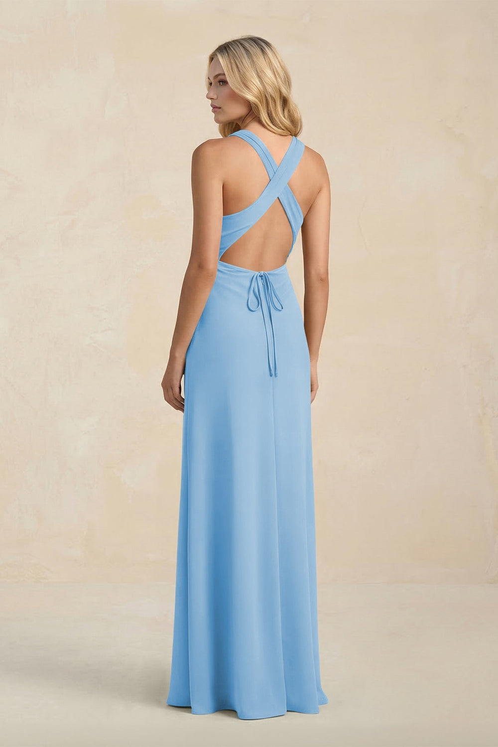 High Neck Sheath Chiffon Bridesmaid Dress With Slit in Steel Blue - KISS BRIDAL Bridesmaid Dresses