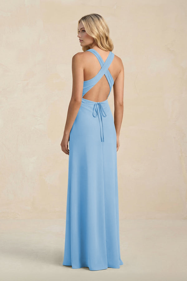 High Neck Sheath Chiffon Bridesmaid Dress With Slit in Steel Blue - SHE IS ME Bridesmaid Dresses