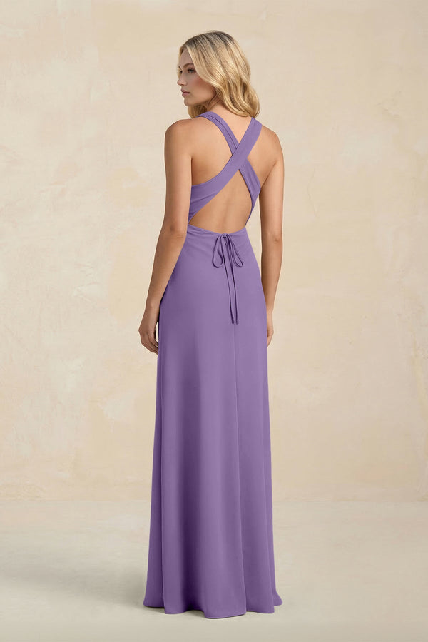 High Neck Sheath Chiffon Bridesmaid Dress With Slit in Tahiti - SHE IS ME Bridesmaid Dresses