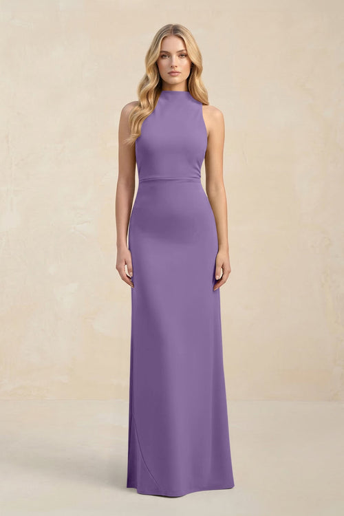 High Neck Sheath Chiffon Bridesmaid Dress With Slit in Tahiti - SHE IS ME Bridesmaid Dresses