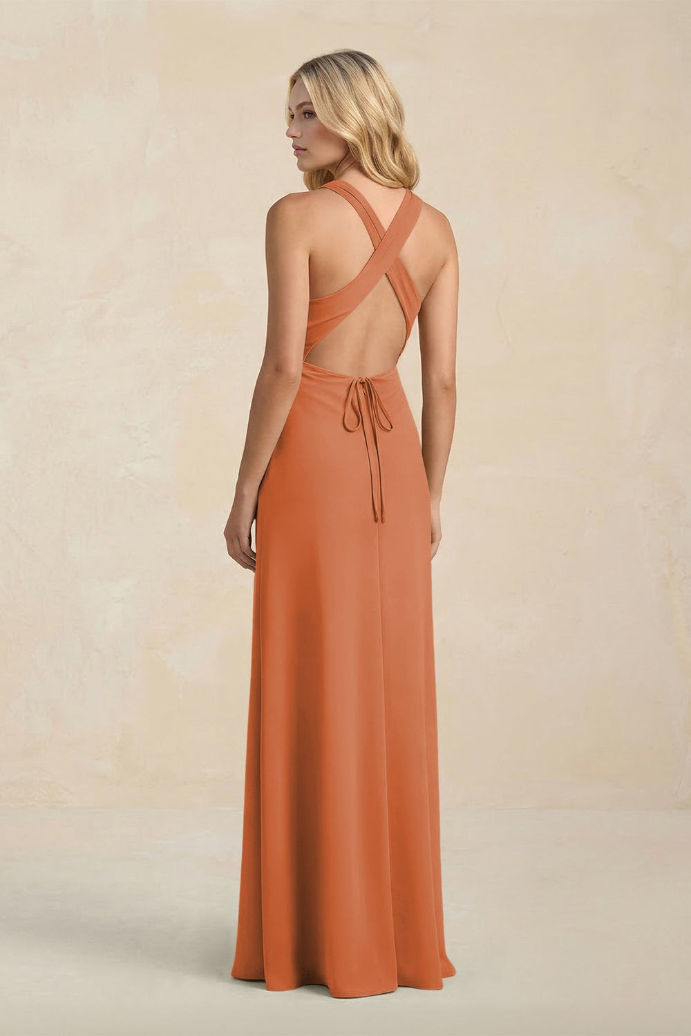 High Neck Sheath Chiffon Bridesmaid Dress With Slit in Terracotta - KISS BRIDAL Bridesmaid Dresses