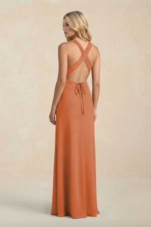 High Neck Sheath Chiffon Bridesmaid Dress With Slit in Terracotta - SHE IS ME Bridesmaid Dresses