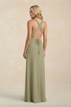 High Neck Sheath Chiffon Bridesmaid Dress With Slit in Thyme - SHE IS ME Bridesmaid Dresses