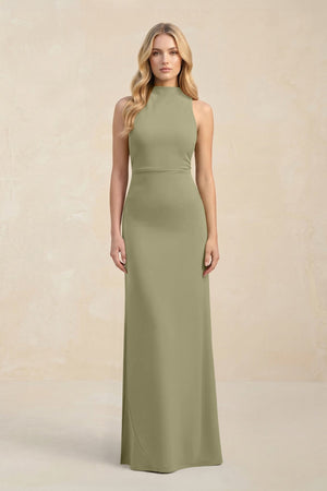 High Neck Sheath Chiffon Bridesmaid Dress With Slit in Thyme - SHE IS ME Bridesmaid Dresses