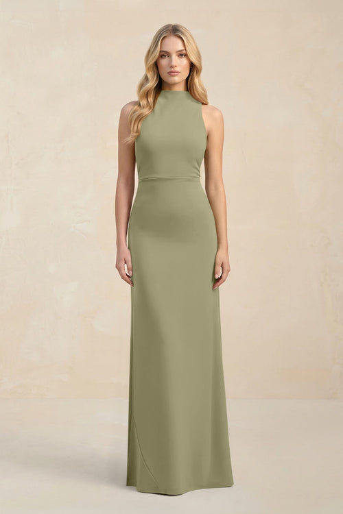 High Neck Sheath Chiffon Bridesmaid Dress With Slit in Thyme - SHE IS ME Bridesmaid Dresses