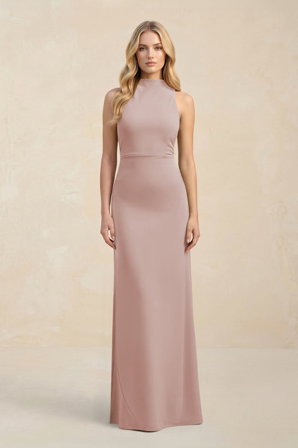 High Neck Sheath Chiffon Bridesmaid Dress With Slit in Toffee - KISS BRIDAL Bridesmaid Dresses