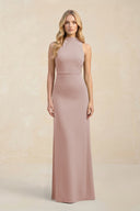 High Neck Sheath Chiffon Bridesmaid Dress With Slit in Toffee - SHE IS ME Bridesmaid Dresses