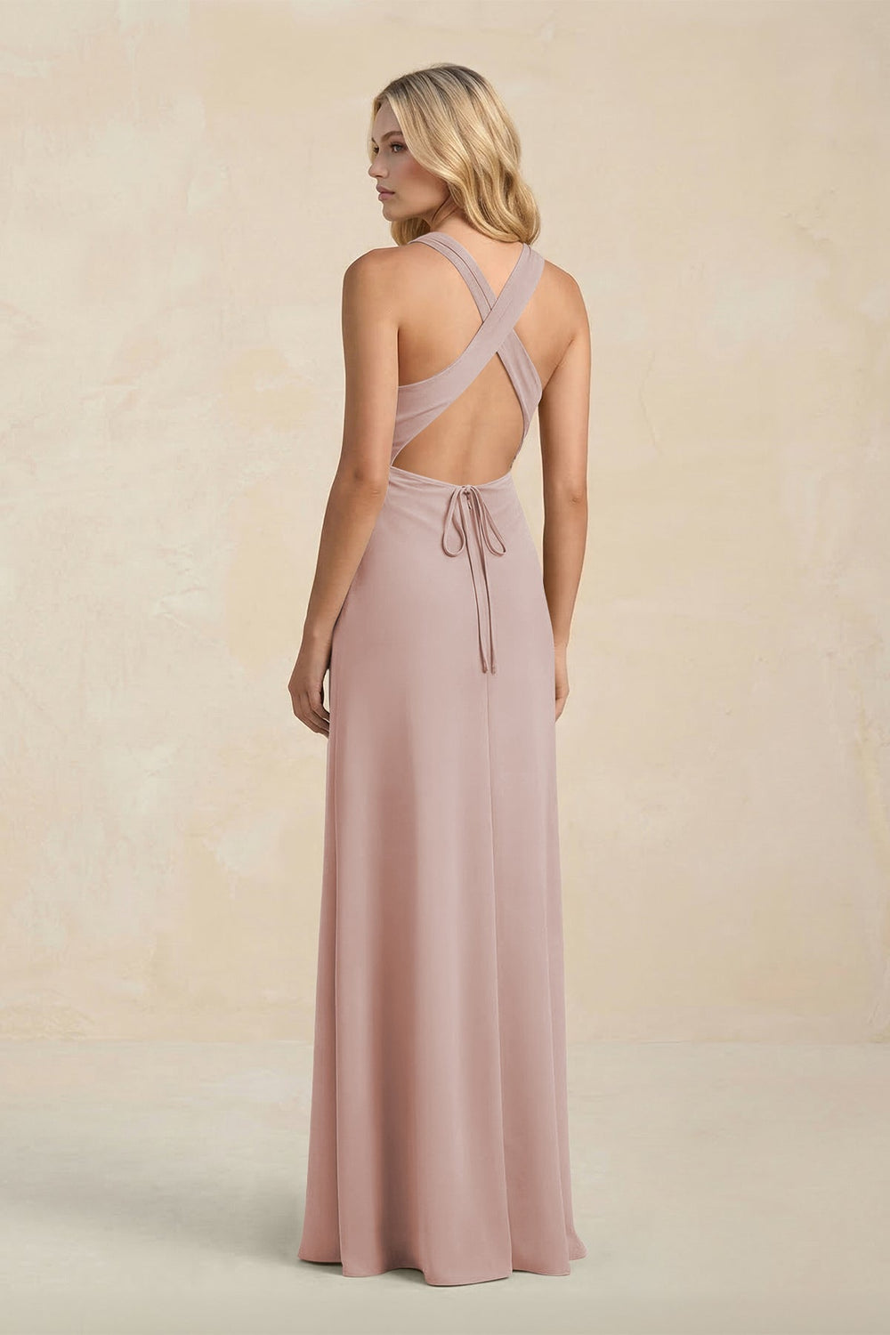 High Neck Sheath Chiffon Bridesmaid Dress With Slit in Toffee - KISS BRIDAL Bridesmaid Dresses