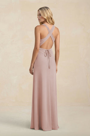 High Neck Sheath Chiffon Bridesmaid Dress With Slit in Toffee - SHE IS ME Bridesmaid Dresses