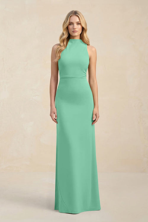 High Neck Sheath Chiffon Bridesmaid Dress With Slit in Turquoise - SHE IS ME Bridesmaid Dresses