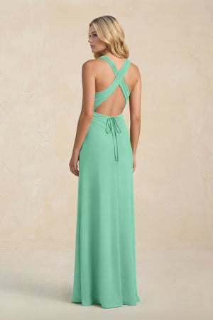 High Neck Sheath Chiffon Bridesmaid Dress With Slit in Turquoise - SHE IS ME Bridesmaid Dresses