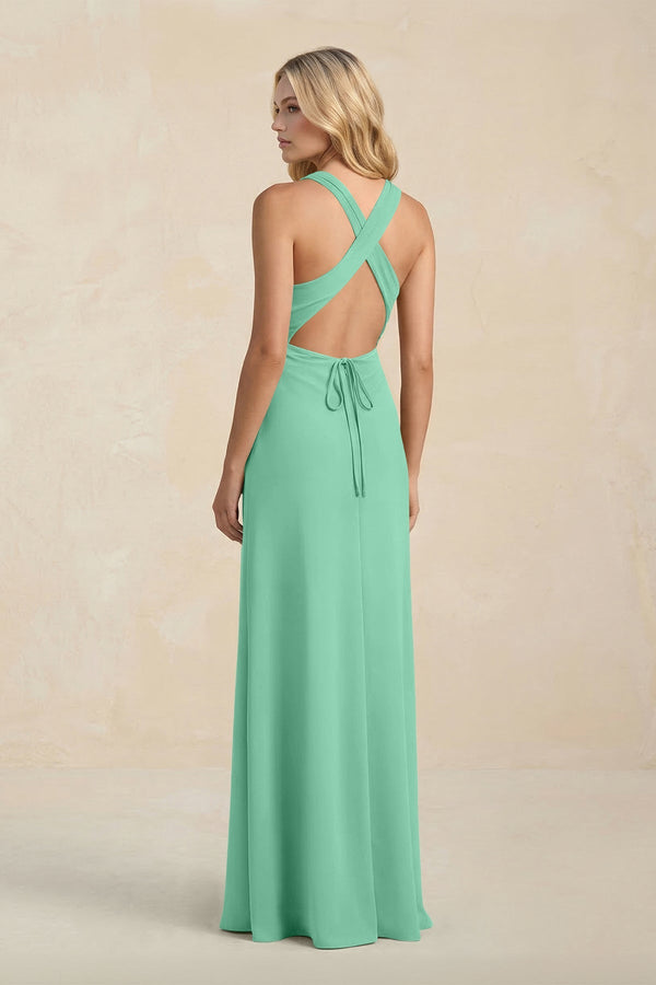 High Neck Sheath Chiffon Bridesmaid Dress With Slit in Turquoise - SHE IS ME Bridesmaid Dresses
