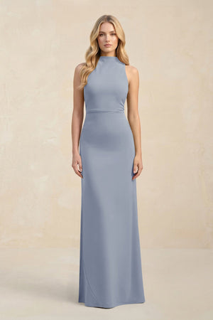 High Neck Sheath Chiffon Bridesmaid Dress With Slit in Twilight - SHE IS ME Bridesmaid Dresses