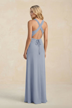 High Neck Sheath Chiffon Bridesmaid Dress With Slit in Twilight - SHE IS ME Bridesmaid Dresses