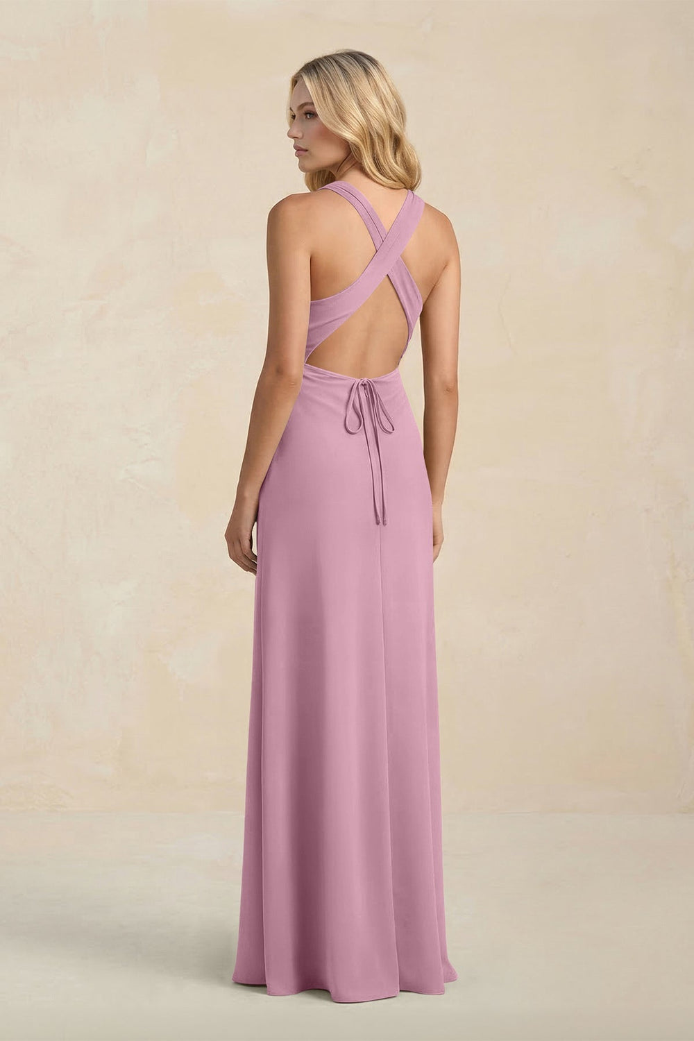High Neck Sheath Chiffon Bridesmaid Dress With Slit in Vintage Mauve - KISS BRIDAL Bridesmaid Dresses
