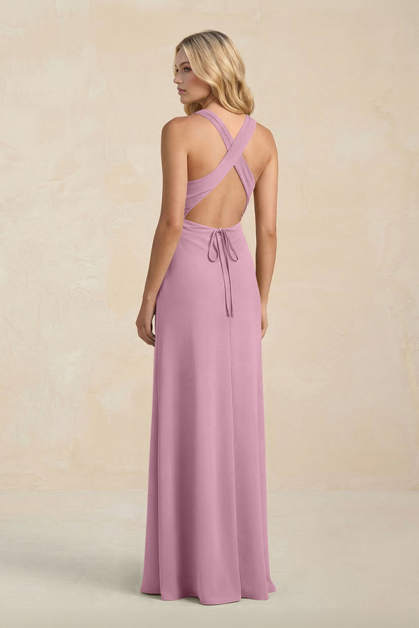 High Neck Sheath Chiffon Bridesmaid Dress With Slit in Vintage Mauve - SHE IS ME Bridesmaid Dresses