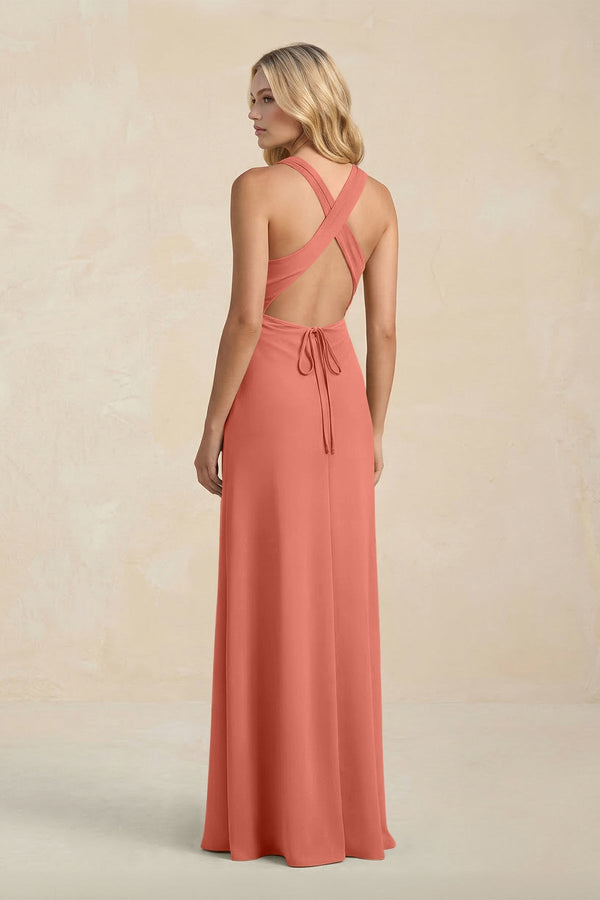 High Neck Sheath Chiffon Bridesmaid Dress With Slit in Wild Rose - SHE IS ME Bridesmaid Dresses
